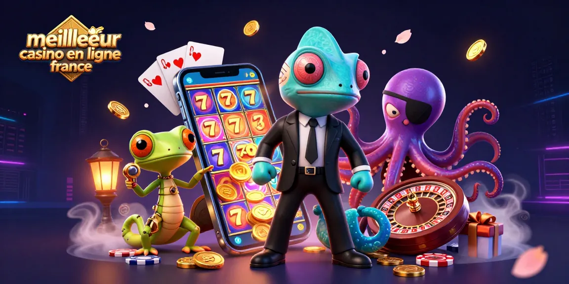 Illustration dynamique du meilleur casino en ligne France avec un caméléon agent secret, un gecko technicien, et un octopus méchant.