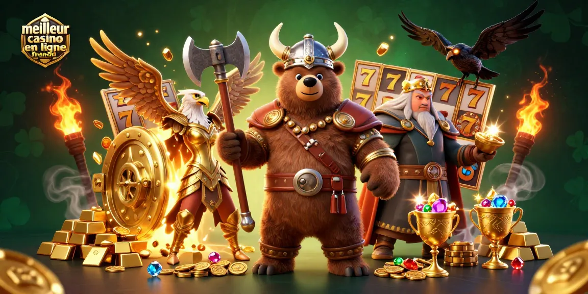 Ce visuel coloré de meilleur casino en ligne en France met en avant de riches éléments de jeu et l'animation dynamique d'un ours viking et d'un aigle.