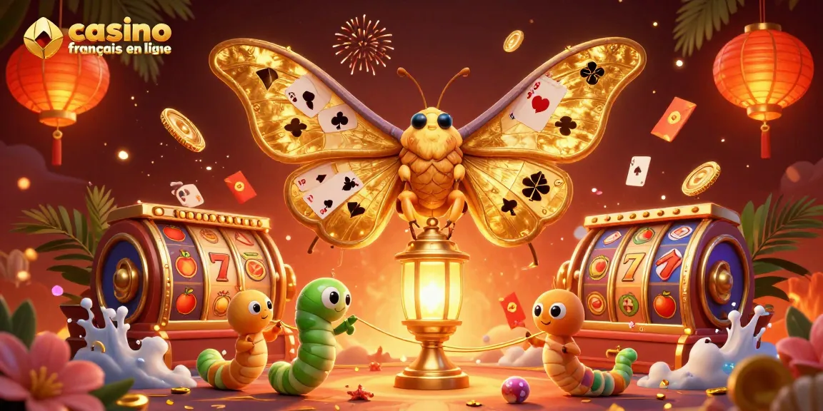Jouer au casino français en ligne avec une illustration colorée d'un papillon géant et des éléments de jeux