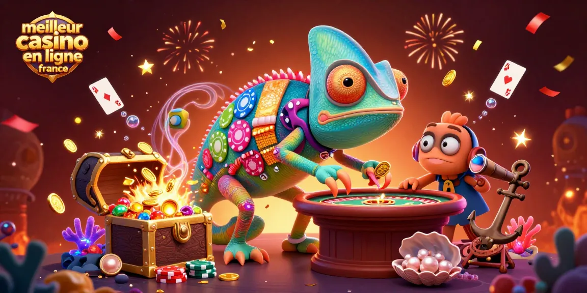 Illustration animée d'un chameleon propriétaire de casino vibrant, symbolisant le meilleur casino en ligne France.