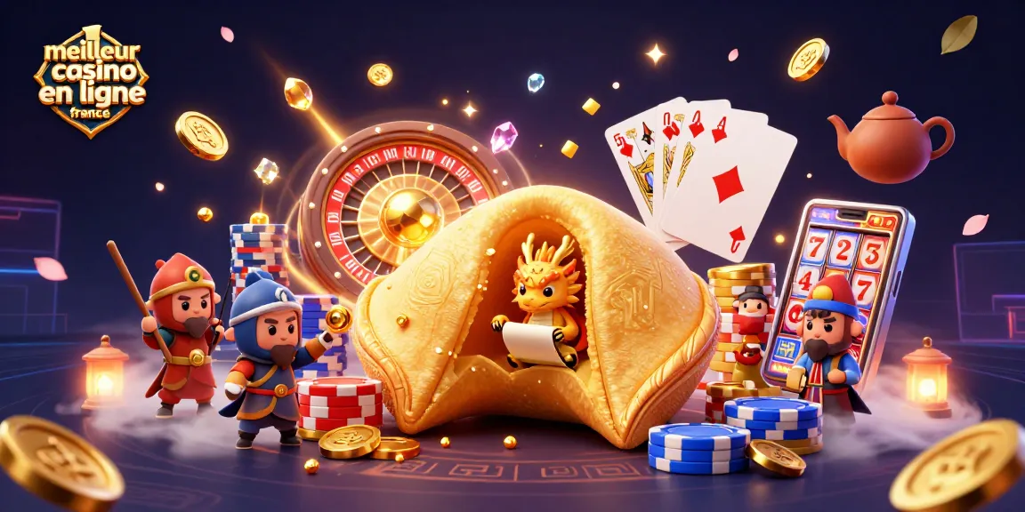 Image dynamique du meilleur casino en ligne France avec des dragons, des cookies de fortune et des jetons colorés.