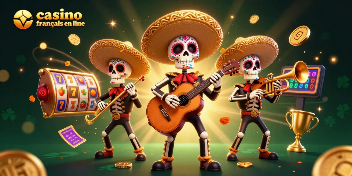 Vivez l'expérience de casino francais en ligne avec une illustration colorée de mariachi et de machines à sous.