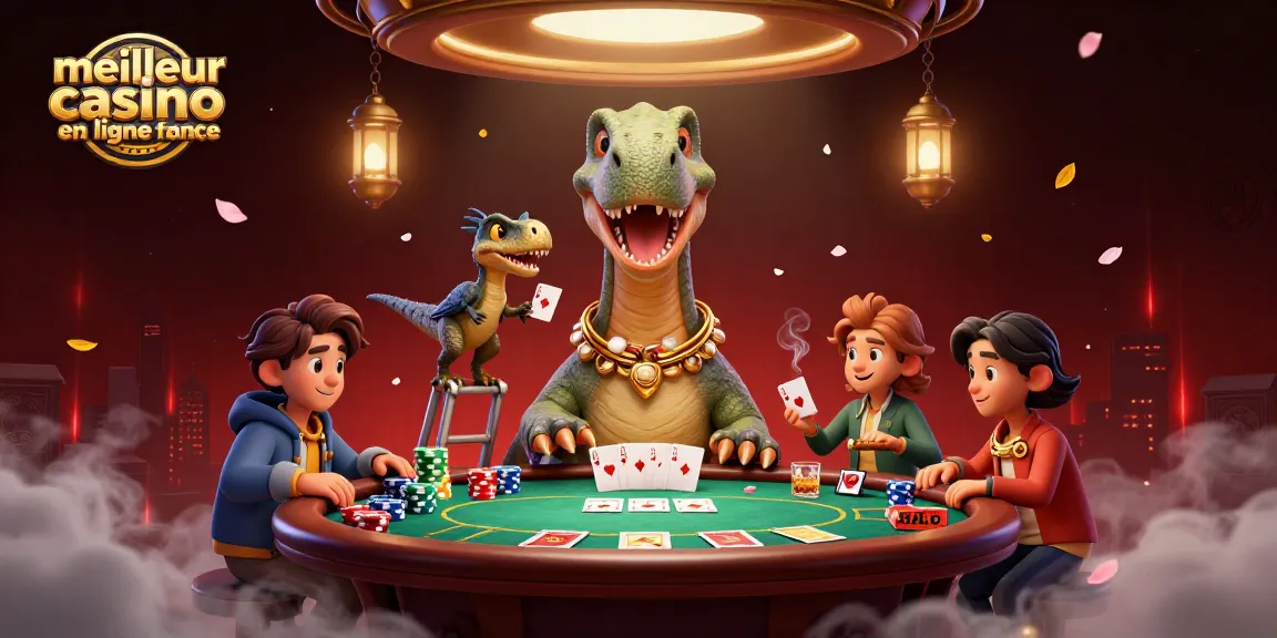 Illustration du meilleur casino en ligne France avec un brontosaurus et un raptor jouant aux cartes.