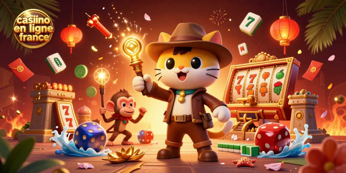 Une scène dynamique mettant en avant le meilleur casino en ligne France avec des personnages d'explorateurs et des éléments de jeux.