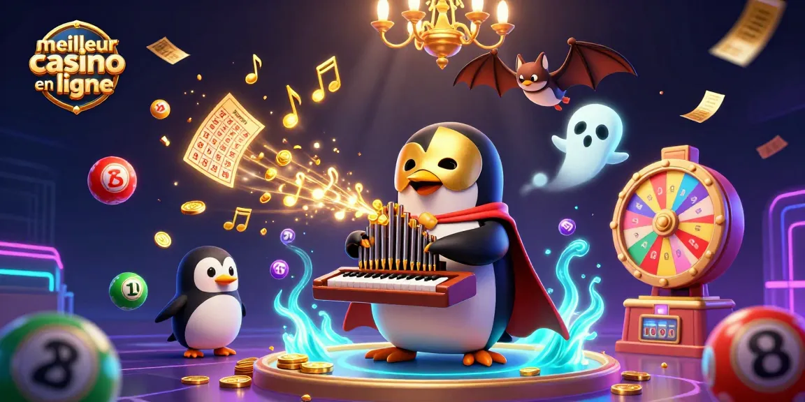 Illustration dynamique de meilleur casino en ligne France avec un pingouin en masque doré jouant d'un orgue coulé de pièces.