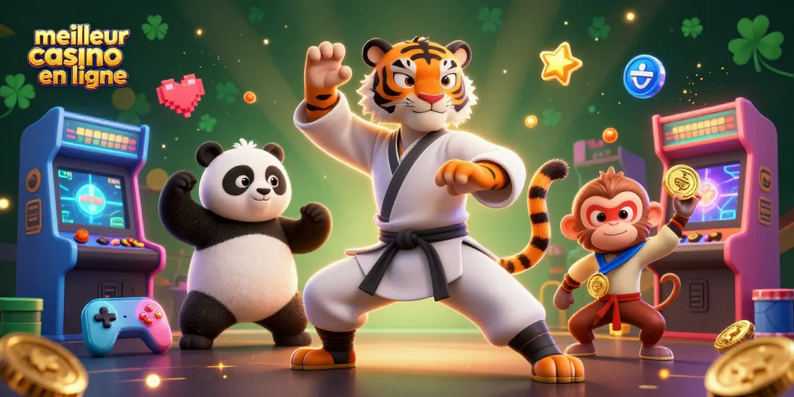 Découvrez le meilleur casino en ligne avec une animation de tigre, panda et singe, entourés de jeux colorés.