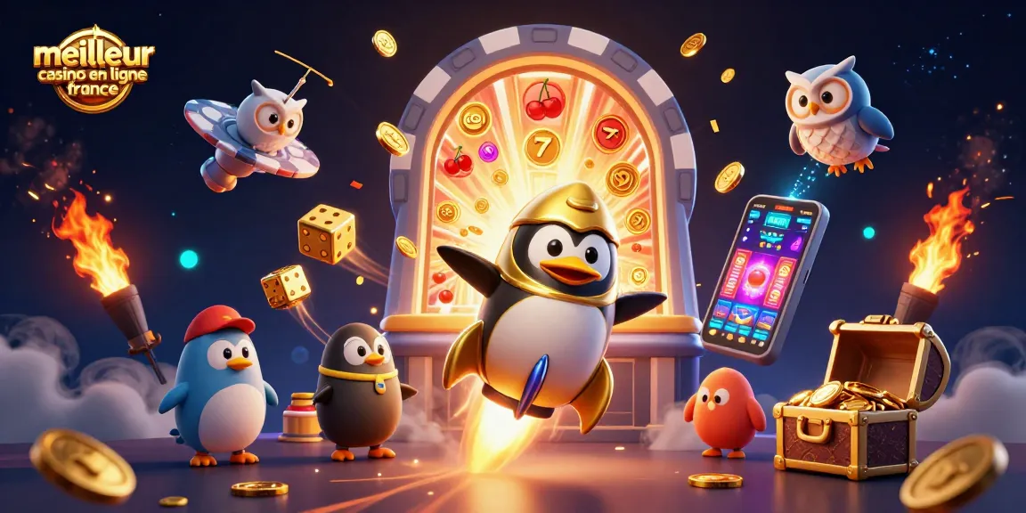 Jouer au meilleur casino en ligne France avec un manchot doré et des machines à sous éclatantes.