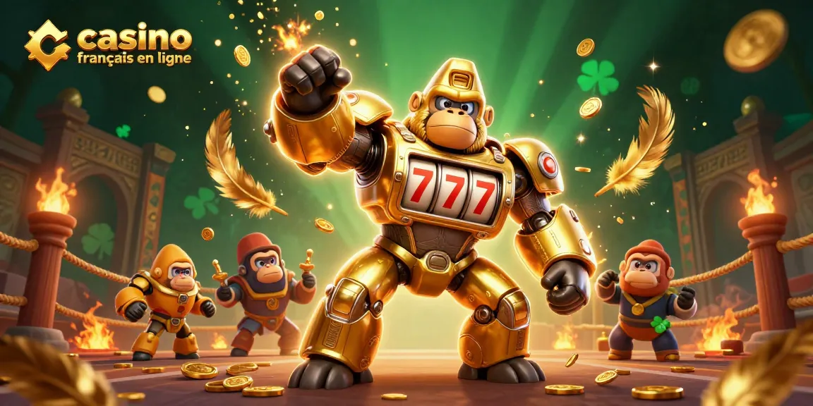 Venez découvrir le monde du casino français en ligne avec cette illustration dynamique de machines à sous et personnages captivants.