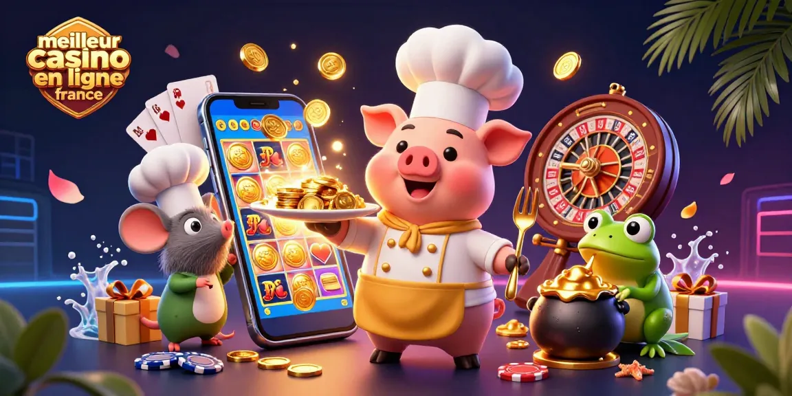 Illustration colorée sur le thème du meilleur casino en ligne France avec un chef cartoon et des éléments de jeu