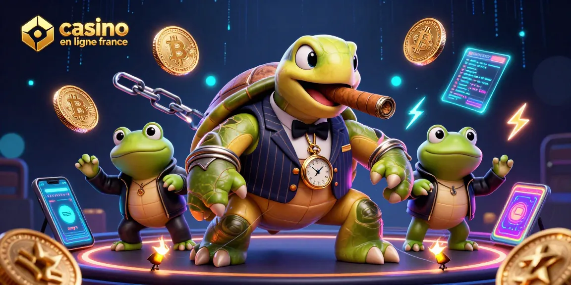 Visualisation captivante du casino en ligne France avec une tortue massive, des grenouilles et des éléments de crypto