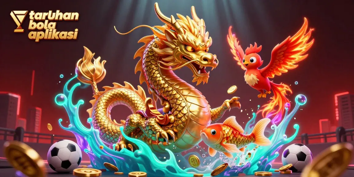 Experience taruhan bola aplikasi with an exciting scene featuring a golden dragon and phoenix amidst sports symbols.
