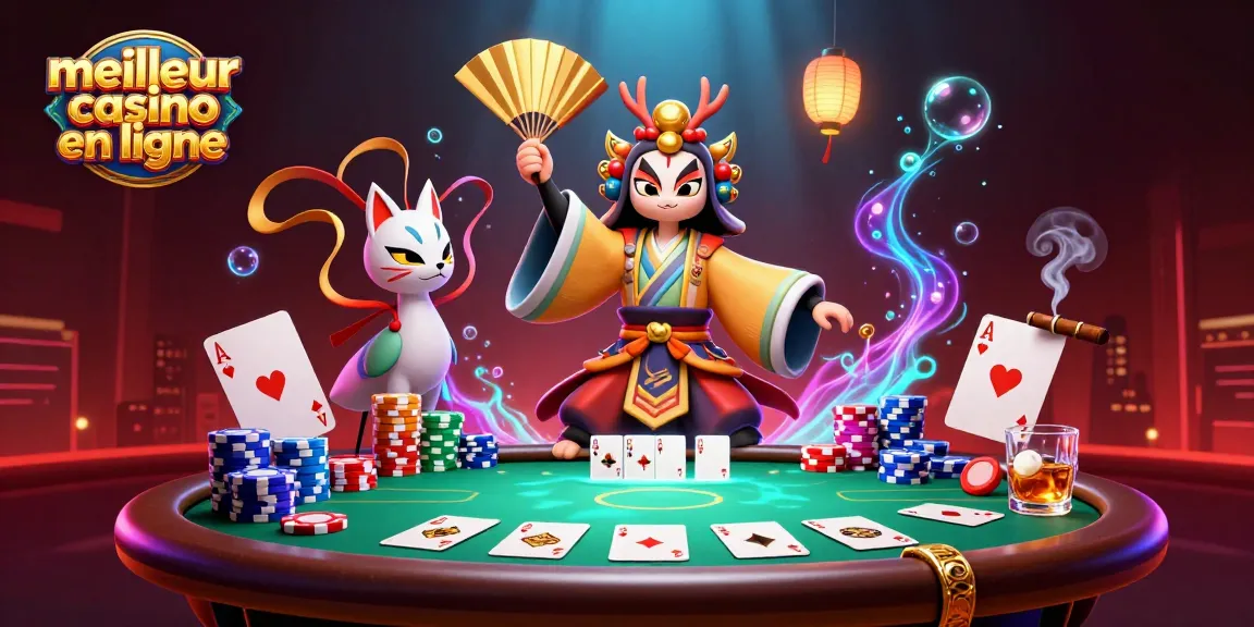 Un kabuki guerrier et un masque kitsune célèbrent le meilleur casino en ligne avec des jeux de poker animés.