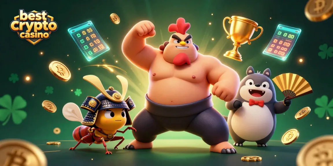 Scopri i migliori crypto casino mentre il potente sumo si esibisce in un'illustrazione dinamica.