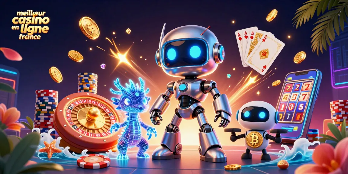 Venez découvrir le meilleur casino en ligne en France avec un robot cyberpunk et un dragon IA dans un univers ludique.