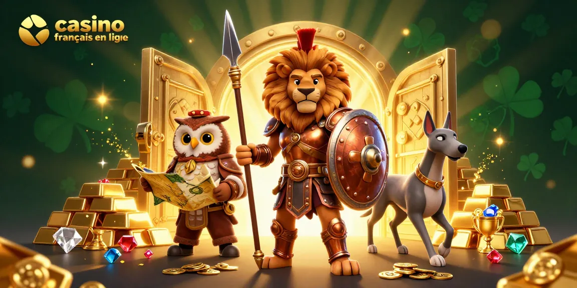 Découvrez une illustration dynamique illustrant le casino français en ligne avec un lion spartiate, une chouette stratège et un lévrier messager.