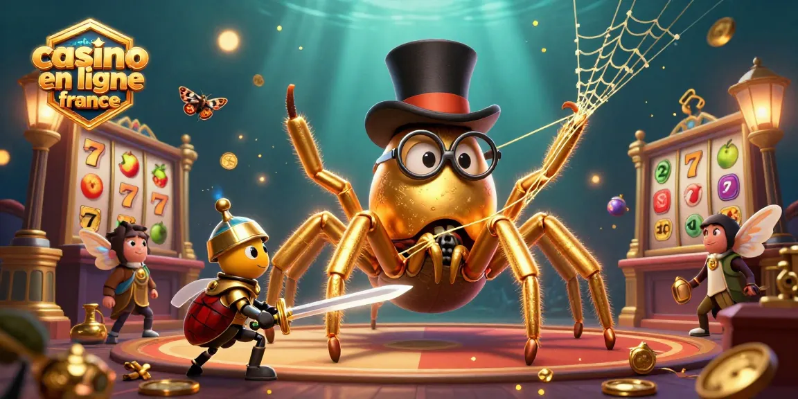 Une illustration 3D captivante mettant en avant le meilleur casino en ligne France avec une tarentule dorée et un chevalier scarabée.
