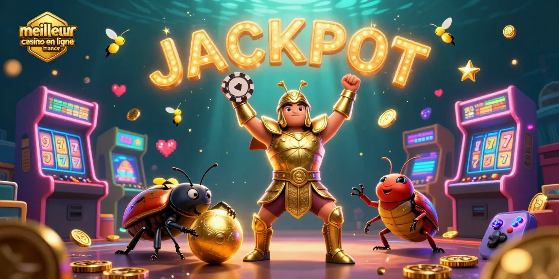 Plongez dans l'univers du meilleur casino en ligne France avec des insectes en armure célébrant un jackpot dynamique.