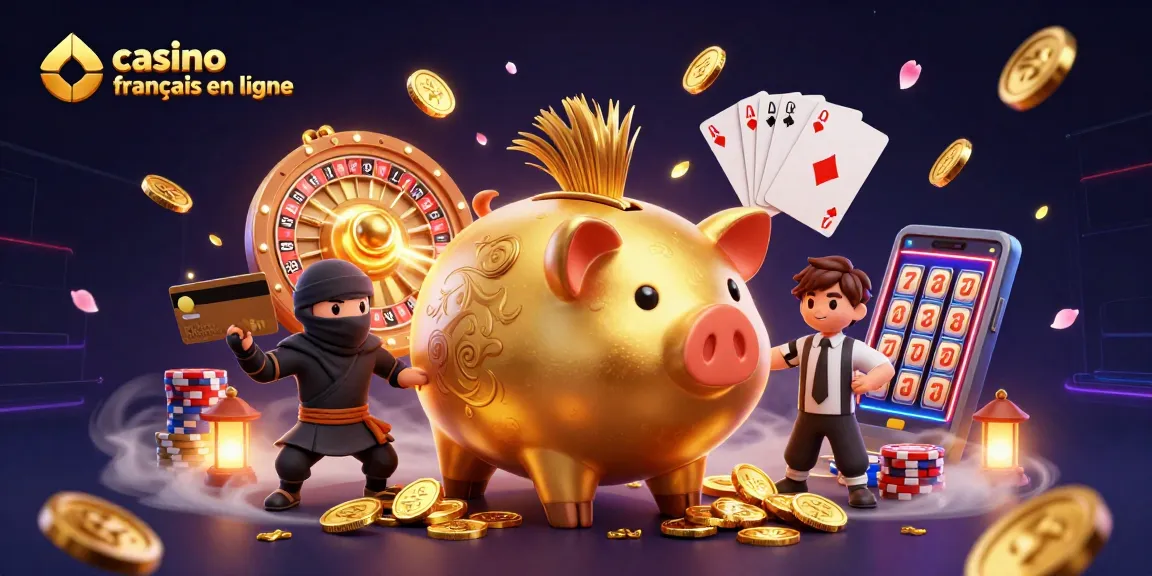Le casino français en ligne révèle une bataille épique entre un sumo cochon d'or et un ninja, avec des jetons et des cartes volantes.