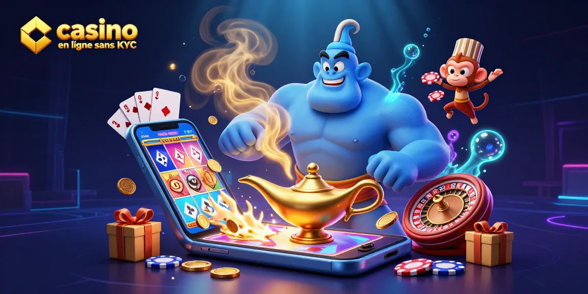 Illustration dynamique casino en ligne sans KYC, montrant un génie et un singe sur un tapis volant entourés de jeux et de jetons.