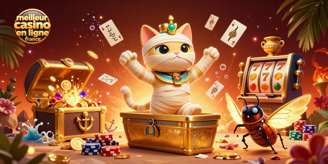 Découvrez le meilleur casino en ligne France avec une illustration captivante d'un chat momie égyptien et des jeux de casino animés.