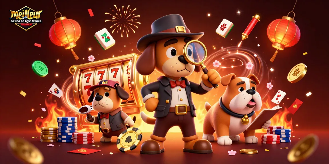 Visuel illustrant le meilleur casino en ligne France, avec un détective chien et un bulldog examinant des jetons et des machines à sous.