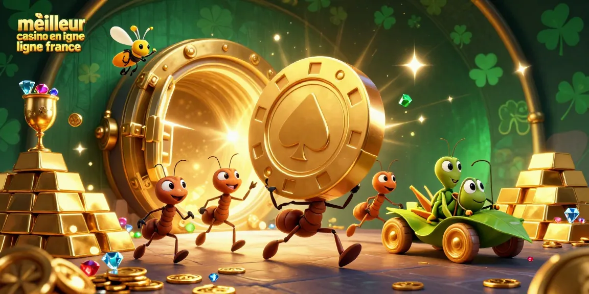 Découvrez le meilleur casino en ligne France avec cette illustration 3D colorée d'une équipe de fourmis en pleine action.