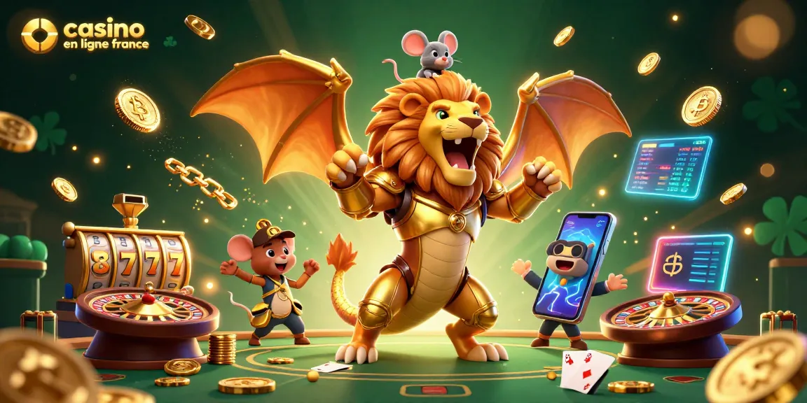 Immergez-vous dans le monde des jeux avec casino en ligne France et sa créature chimérique dorée et des éléments de casino.
