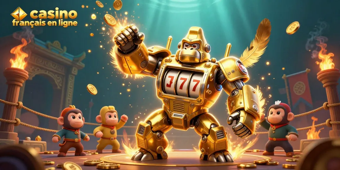 Détonnez avec le gorille d'or transformateur dans le casino français en ligne, entouré de feux et de pièces.
