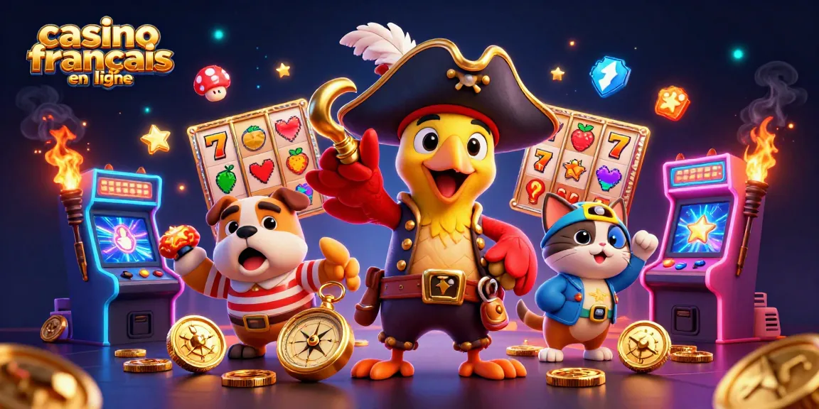 Illustration 3D représentant un casino francais en ligne animé avec un pirate, un bulldog et un chat.