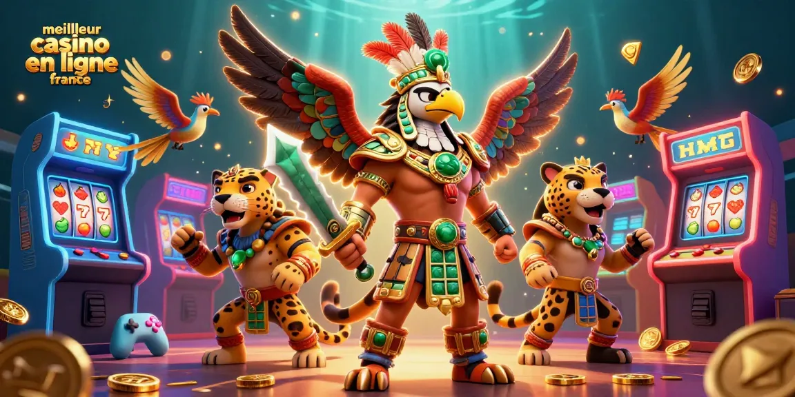 Illustration dynamique mettant en valeur le meilleur casino en ligne France avec des guerriers aztèques, des machines à sous et des éléments de casino.