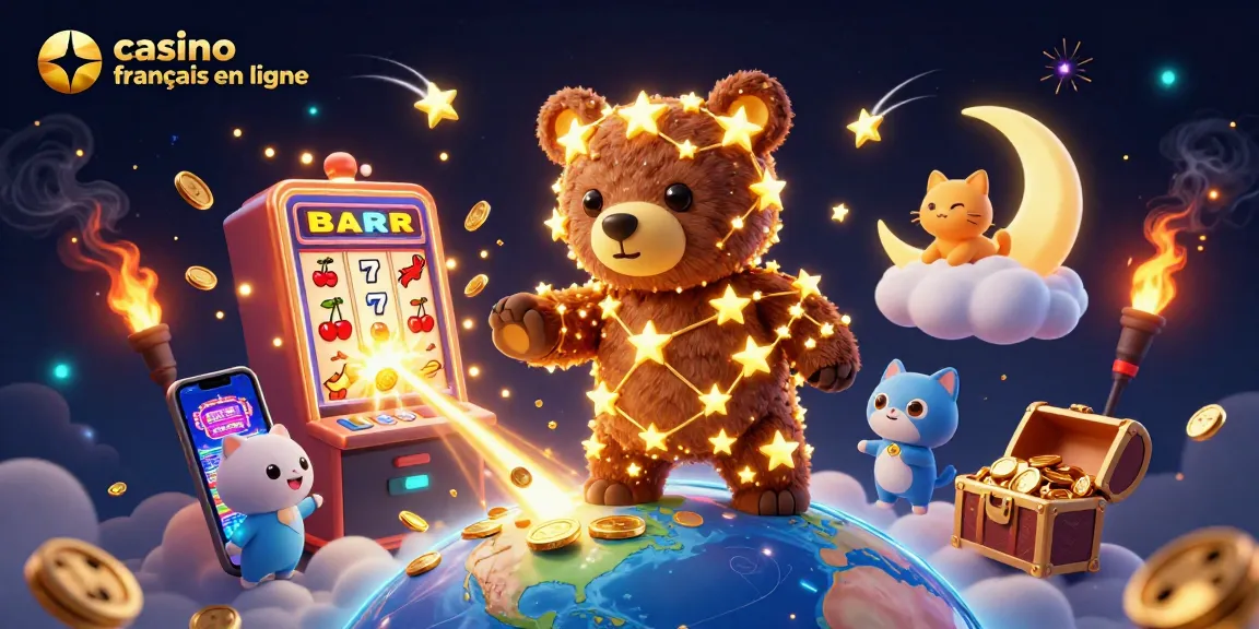 Explorez le monde du casino français en ligne avec une illustration vibrante de machines à sous et d'étoiles dorées.