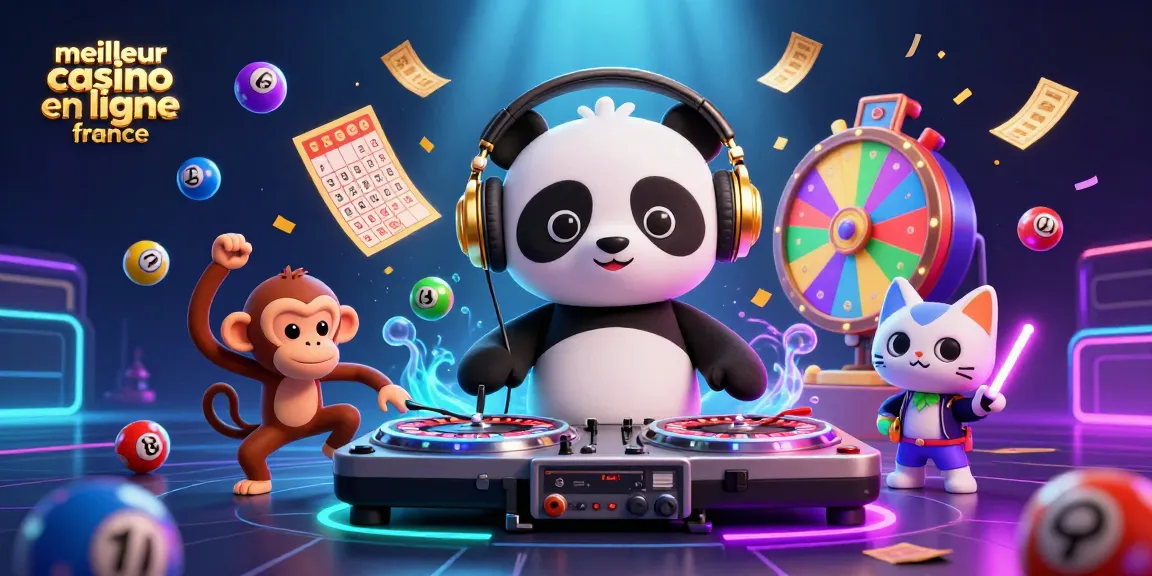 Illustration dynamique représentant le meilleur casino en ligne France avec un panda DJ et des éléments de jeu colorés.