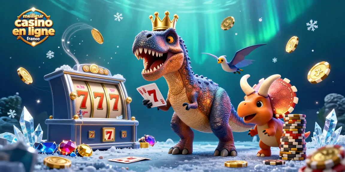 Plongez dans l'univers du meilleur casino en ligne France avec ce T-Rex et ses amis s'amusant autour des machines à sous.