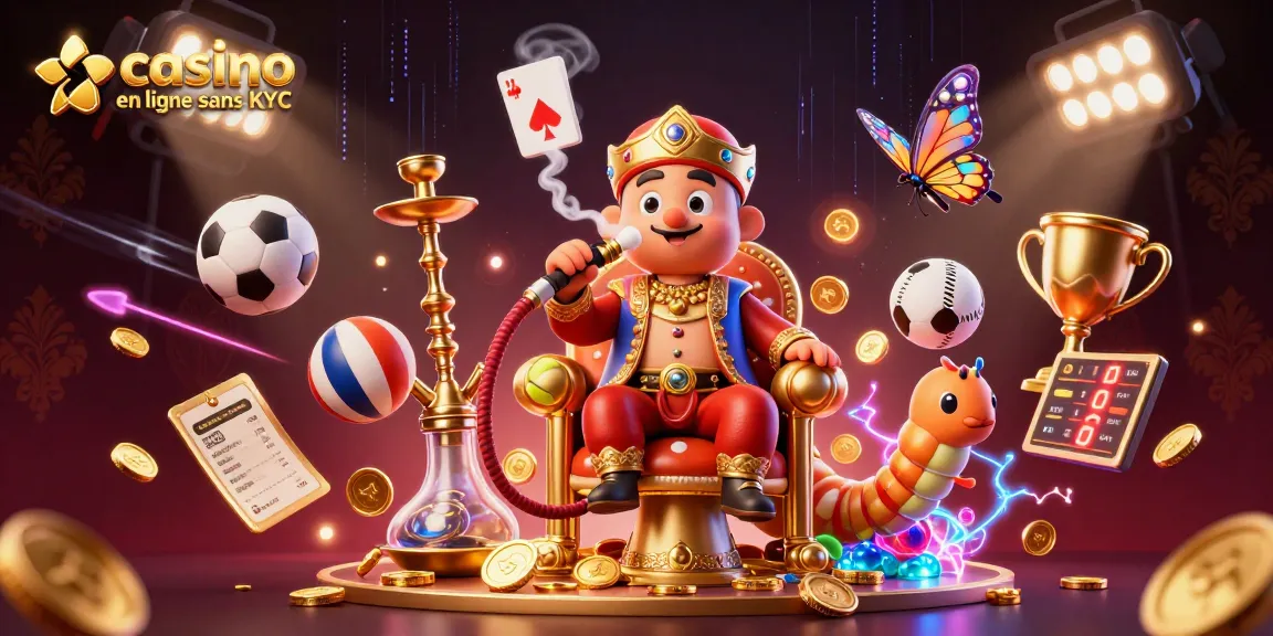 Profitez du casino en ligne sans KYC avec cette illustration 3D captivante remplie d'éléments de jeu.