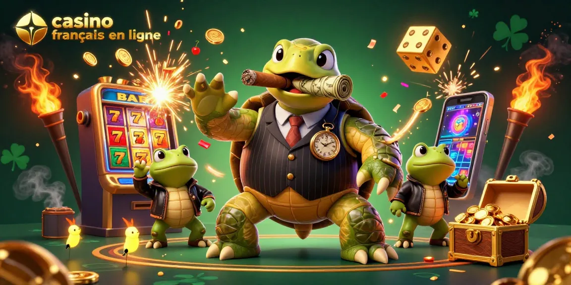 Découvrez l'univers du casino français en ligne avec cette illustration dynamique d'une tortue et des grenouilles en pleine action.